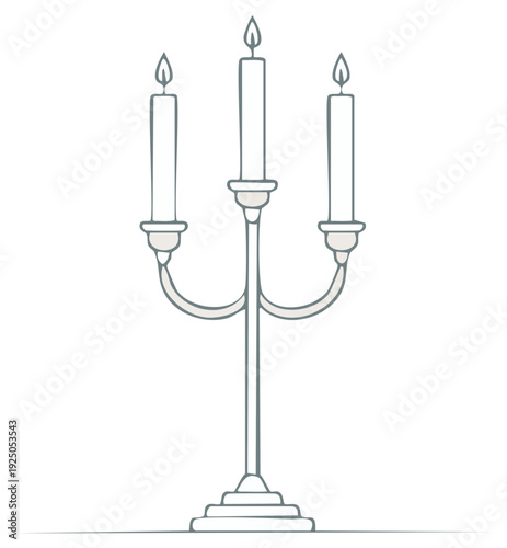 Candelabra with Three Candles Burning Hand Drawn Line Art Illustration Isolated