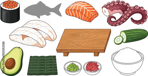 Sushi Ingredients Set with Salmon Octopus Rice Nori Avocado Cucumber and Wooden Board Japanese Cuisine Vector Illustration