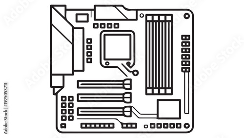 Line art illustration of a computer circuit board with components