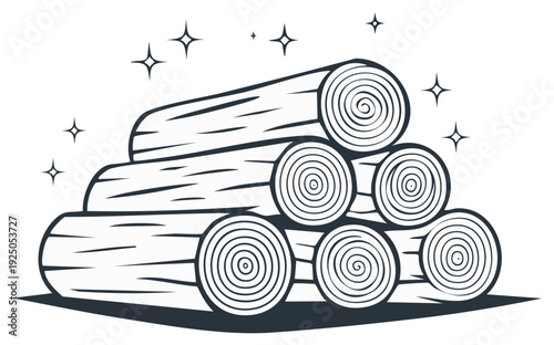 Stack of chopped logs with spiral wood grain and sparkling highlights