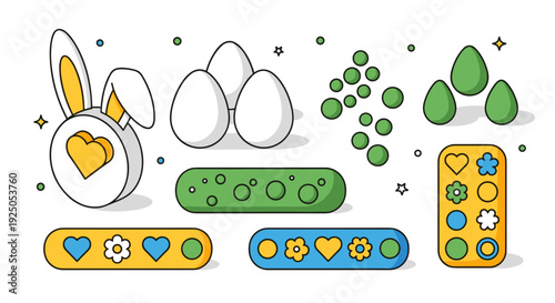 A collection of cute Easter-themed elements featuring a bunny, eggs, and decorative patterns in colorful minimalist vector style, perfect for seasonal designs
