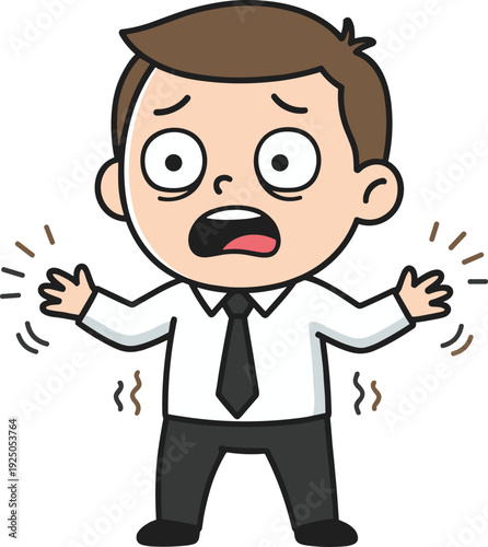 Stressed cartoon businessman sweating with panic expression, anxious office worker illustration isolated on white background vector