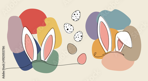 A playful illustration of bunny ears and colorful eggs in a minimalist vector style, perfect for Easter-themed designs