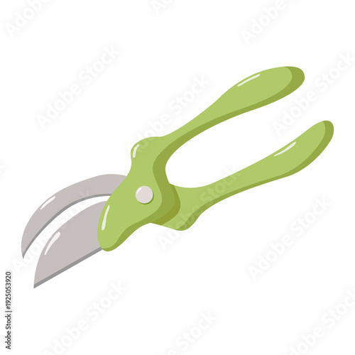 Green-handled garden pruning shears with curved silver blade, ergonomic design for trimming plants and branches, realistic illustration suitable for gardening, landscaping, and tool-related projects