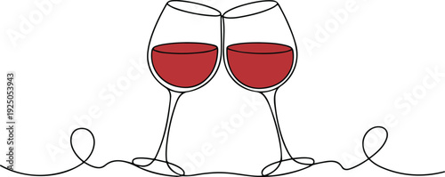Minimalist continuous line-art illustration of two red wine glasses clinking in a celebratory toast.