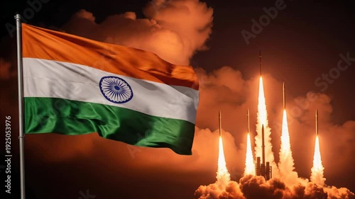 Indian flag waves as rockets launch into the sky with fiery exhaust