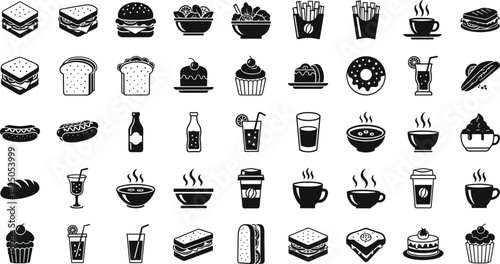 Fast food and drink icon collection with burgers coffee desserts and sandwiches isolated on white background vector set