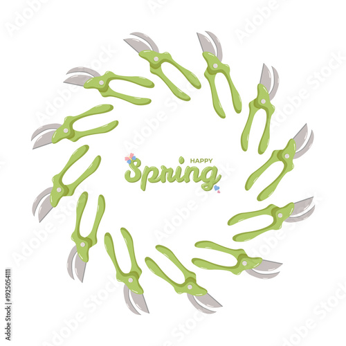 Circular wreath of green garden pruning shears surrounding central text HAPPY Spring in playful cursive with floral accents, cheerful seasonal design for gardening, spring, and festive projects