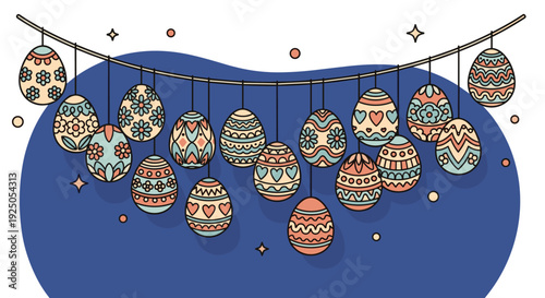 A collection of decorative Easter eggs hanging on a string in colorful vector style, perfect for spring celebrations and festive designs