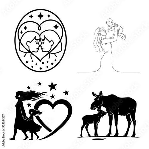 Mothers Day family love icon bundle with heart portrait line art mom lifting baby mom daughter and moose calf