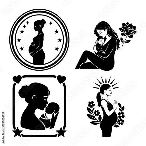 Mothers Day maternity and newborn silhouette bundle with pregnancy badge praying mom floral cuddle and kiss frame