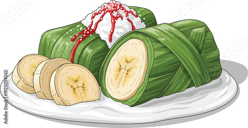 A vibrant illustration of green wrapped banana dessert on a white plate with whipped cream topping and sliced bananas, viewed from above.