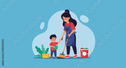 Mother and child cleaning together at home.