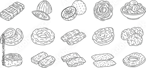 Assorted baked goods illustrations displayed on a clean white background from a straightforward viewpoint
