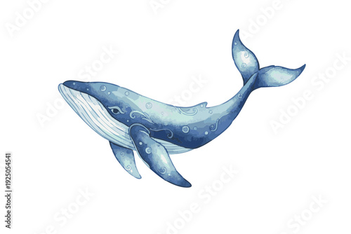 Watercolor Blue Whale Swimming in Ocean.