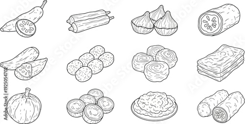 Assorted vegetables and fruits, including chili peppers, onions, and citrus, arranged neatly in a minimalist line drawing style on a clean background from a straightforward viewpoint