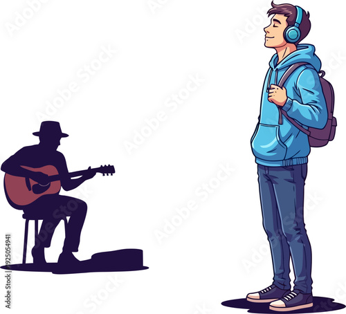 Contemplative urban traveler wearing headphones while observing a silhouetted street musician playing guitar in a modern city environment in a stylish vector art