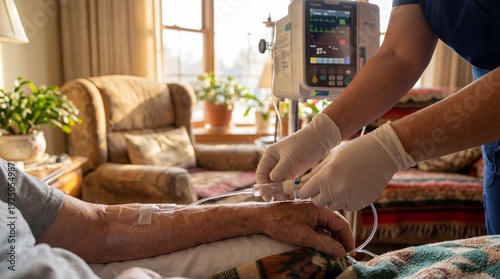 Professional Nurse Administering IV Drip to Senior Patient's Arm in a Home Healthcare Setting for Medical Treatment and Recovery