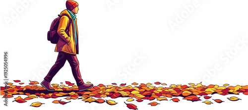 Contemplative wanderer strolling across a vibrant carpet of fallen autumn leaves during a crisp seasonal walk in the woods
