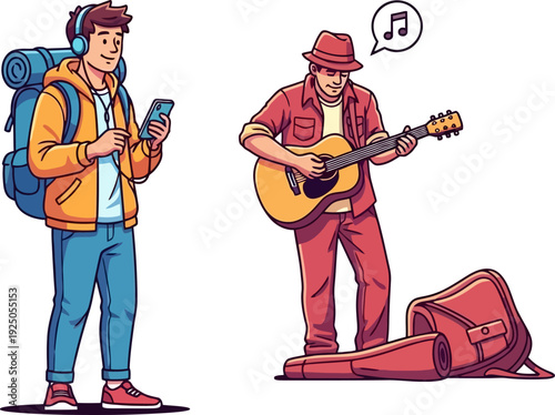 Cultural urban encounter featuring a young backpacker with headphones walking past a rustic street musician playing an acoustic guitar in a bold vector style