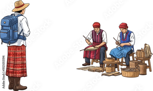 Curious and respectful traveler observing local artisans at work as they practice traditional woodcrafting in an authentic cultural workshop setting detailed illustration
