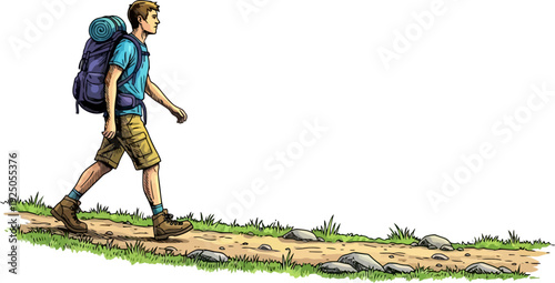 Determined active hiker in summer gear walking along a rugged mountain trail with a large backpack in a detailed adventure illustration style