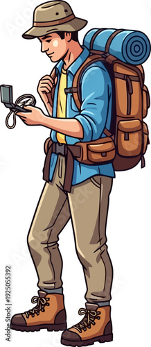Determined explorer navigating through the pristine wilderness using a vintage compass while carrying heavy trekking gear