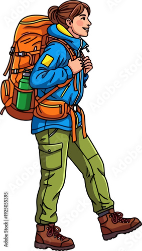 Determined female adventurer with a bright orange backpack marching confidently through a wilderness trail in a clean vector illustration