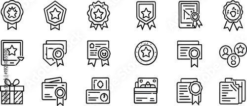 Award and Certificate Line Icons Set with Badges Medals Diplomas and Achievement Symbols Vector Illustration
