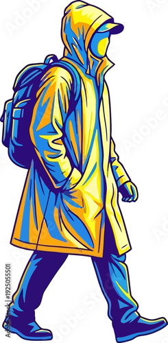 Determined traveler walking through the elements in a bright yellow raincoat and backpack stylized graphic illustration