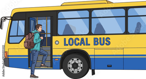 Determined traveler boarding a vibrant yellow and blue local transit bus for an authentic urban commute