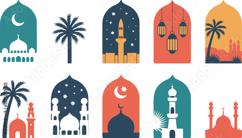 Set of ten Islamic arch window illustrations with silhouettes of mosques, minarets, and crescent moons for Ramadan and cultural design