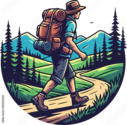 Determined trekker following a winding path through a dense pine forest toward distant blue mountains in a classic circular emblem style