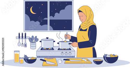 Woman in yellow hijab cooking on stove at night with moonlit window view