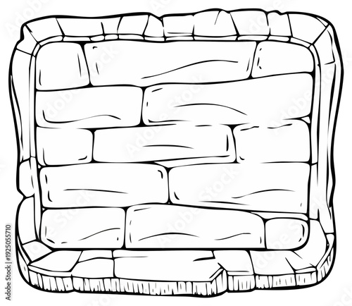 Stylized stone wall with rough texture and irregular blocks, black and white outline illustration