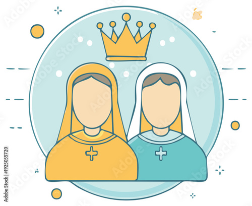 Two spiritual women in habits with crosses and a golden crown flat vector illustration