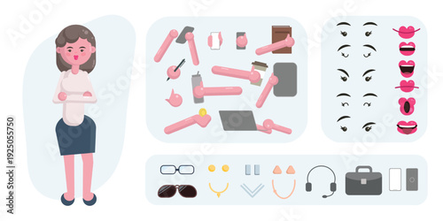 Business woman avatar suitable for easy animation. Generator, constructor of diverse views of eyes, lips, emotion expressions mouth animation and lip sync. Girl character face and body move.