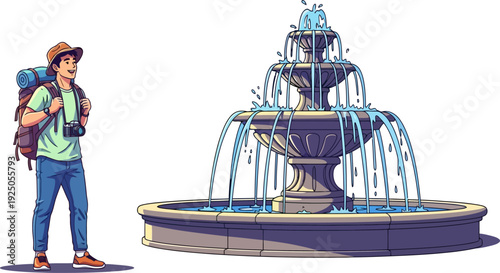 Enchanted and amazed backpacker gazing at a large tiered classical stone fountain in a detailed urban vector scene