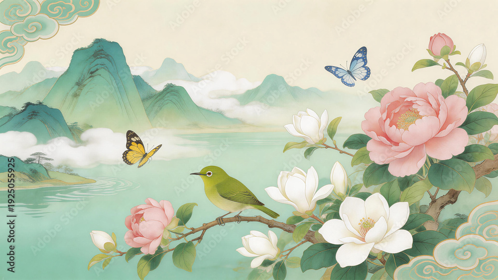Fototapeta premium Traditional Chinese style landscape illustration featuring flowers, birds, and butterflies by a tranquil lake with mountains and clouds in the background.