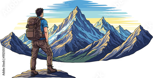 Epic majestic view of a solitary hiker standing on a rocky peak overlooking a vast range of snow-capped mountains in a dramatic vector illustration style