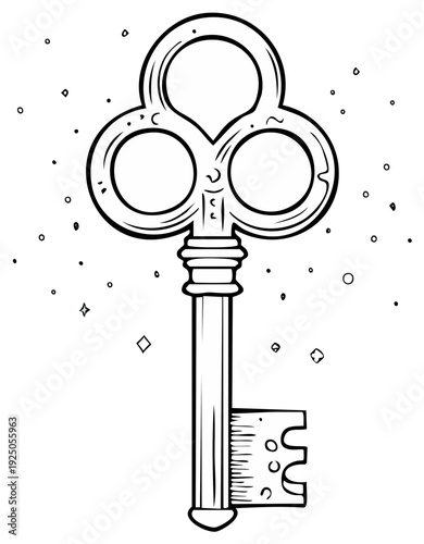 Antique key illustration with ornate design and decorative details in black and white.