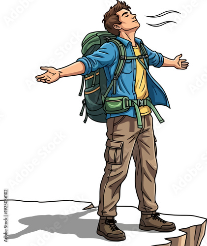 Exhilarating moment of freedom as a hiker breathes deeply on a mountain cliff edge with arms wide open