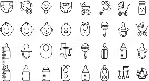 Baby Care and Infant Line Icons Set Newborn Toys Outline Vector Collection Parenting Symbols Pack