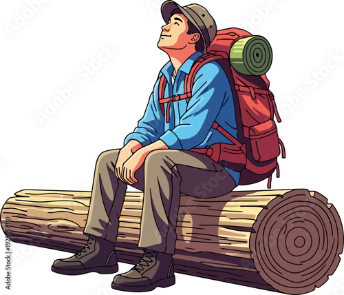 Exhausted yet satisfied trekker taking a mindful pause on a fallen log to enjoy the warmth of the sun