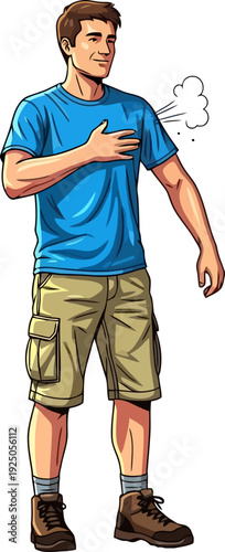 Exhausted but triumphant male hiker catching his breath after a steep climb in a realistic and expressive comic book style