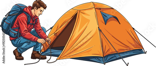 Focused outdoorsman carefully pitching a bright orange dome tent at a scenic campsite during a hiking trip illustration