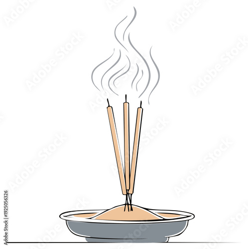 Incense sticks burning with smoke, in a decorative bowl, illustration