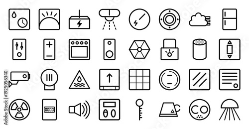 Smart home automation and industrial monitoring pictograms. Professional monoline icons for IoT interface, climate control, and electrical engineering systems.