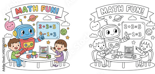 Educational math fun illustration and coloring page for kids with a cute robot teaching boy and girl addition and subtraction. Vector line art and colored design for school.