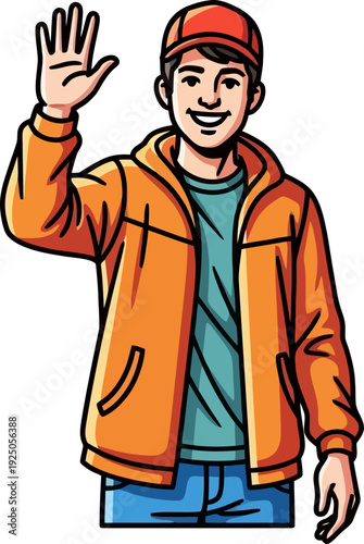 Friendly and welcoming man in a bright orange parka offering a warm hand wave in a clean vector portrait style